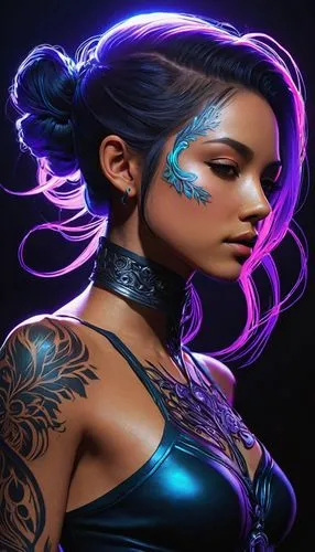 neon body painting,kitana,sombra,fantasy portrait,jinx,tattoo girl,akasha,alani,psylocke,nyx,blacklight,zarina,black light,liara,zodiac sign libra,fantasy art,cyberpunk,chandra,krita,indigo,Illustration,Japanese style,Japanese Style 18