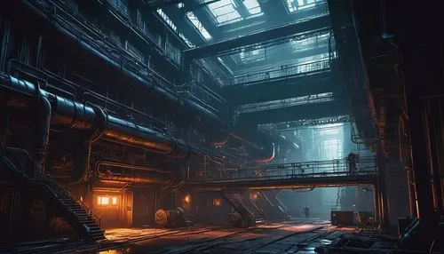 mining facility,industrial ruin,arktika,industrial hall,undercity,dishonored,penumbra,fabrik,cosmodrome,industrial,sulaco,empty factory,levski,undermountain,undock,eidos,warehouse,precipitator,factory hall,industrial landscape,Illustration,Black and White,Black and White 10