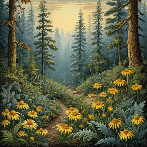 forest landscape,spruce forest,forest path,salt meadow landscape,northwest forest,coniferous forest,forest road,hiking path,spruce-fir forest,forest background,forest glade,meadow and forest,temperate coniferous forest,fir forest,forest floor,pathway,mountain meadow,the forests,the forest,tropical and subtropical coniferous forests,Illustration,Retro,Retro 24