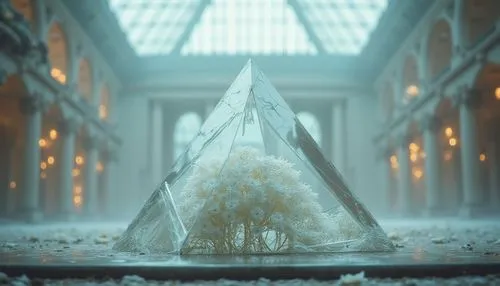 glass pyramid,ice crystal,ice castle,shard of glass,crystallize,ice landscape