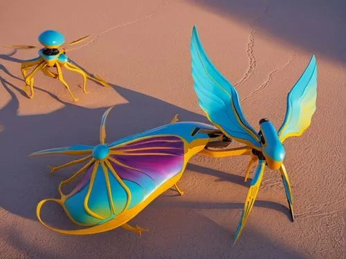 colorful decorative insects sit on the beach sand,paper art,alebrijes,sunbirds,birds of paradise,mantises,glass wing butterfly,Photography,General,Realistic