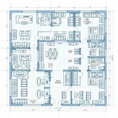 a hospital blue print floor plan with a lobby, cafeteria, registration area, conference room, emergency department, and rehabilitation area with paitent rooms






,some type of office building with 