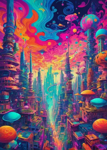 colorful city,futuristic landscape,psychedelic art,fantasy city,alien world,mushroom landscape,alien planet,psychedelic,fantasy world,dream world,fantasy landscape,3d fantasy,cityscape,scifi,dimensional,sci - fi,sci-fi,space art,cyberspace,fantasy art,Conceptual Art,Oil color,Oil Color 23