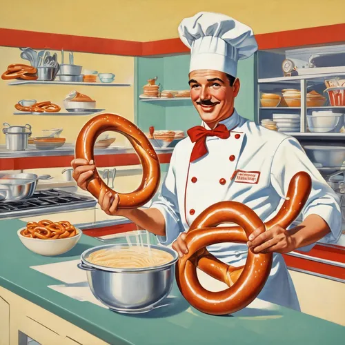 Write a humorous story about a clumsy chef trying to bake a giant pretzel.,taralli,chef,pastry chef,pancake batter,aligot,pastry salt rod lye,whipping cream,cookware and bakeware,challah,cookery,donut