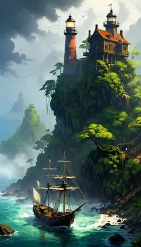 caravel,isole,doubloons,an island far away landscape,lighthouses,trine,pirate ship,world digital painting,sail ship,sea sailing ship,guybrush,archipelagos,islands,shipwrights,sea landscape,vinland,fantasy landscape,cliffside,whydah,lavezzi isles,Conceptual Art,Oil color,Oil Color 09