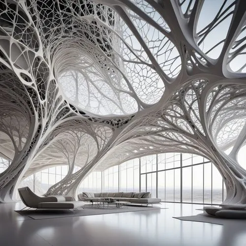 Based on the image prompts, generate an interior view. Futuristic organic architecture, intricate web-like structures, fluid and dynamic forms, generative design, biomimicry. Avoid spider web looks,th