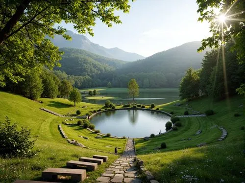 Sweeping hills, lush green meadows, serene lake waters, walking trails, amphitheater seating, stone steps, wooden benches, natural stage backdrops, rustling leaves, warm sunny day, soft diffused light