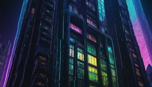 colored lights,colorful city,tetris,colorful facade,colorful light,skyscraper,apartment block,windows,pc tower,metropolis,glass building,high rises,highrises,the skyscraper,rgb,urban towers,skyscrapers,hypermodern,cyberpunk,ctbuh,Illustration,Black and White,Black and White 28