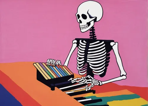 Generate a cute and playful gif of a skeleton playing a xylophone.,vintage skeleton,piano books,skeletal,day of the dead skeleton,xylophone,skeletal structure,accordionist,pianist,piano player,skeleto