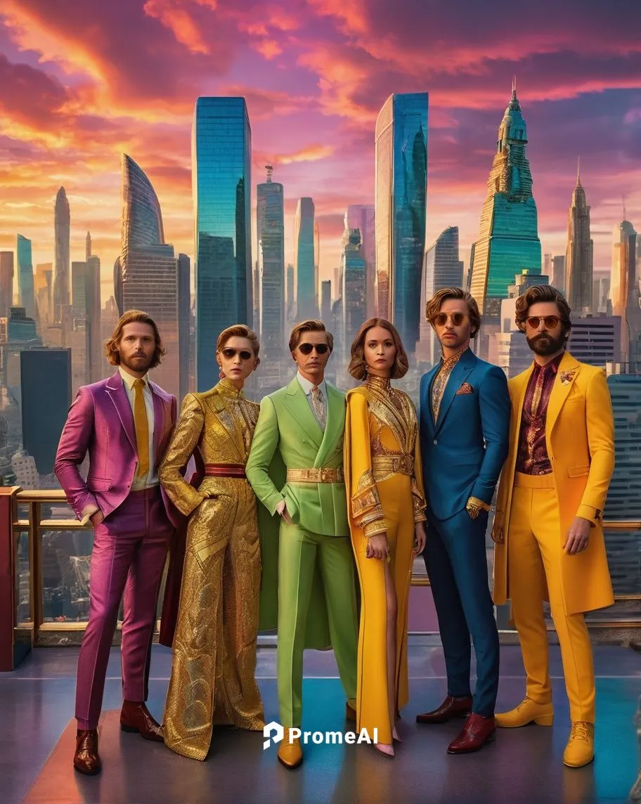 Wes Anderson style, The Avengers team, group shot, standing back to back, intricate detailed costumes, colorful textures, ornate accessories, retro futuristic vibe, cityscape background, towering skys