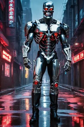 Terminator, cyborg, smiling, metallic skeleton, glowing red eyes, silver jacket, leather pants, black boots, muscular arms, futuristic background, cityscape, neon lights, dark alley, rainy night, 3/4 