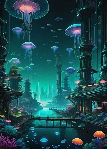 mushroom landscape,futuristic landscape,alien world,fantasy city,mushroom island,alien planet,fairy world,fantasy landscape,cyberia,fantasy world,scifi,ufo interior,cyberworld,aquarium,apiarium,wonderlands,oceanica,lagoon,dream world,3d fantasy,Illustration,American Style,American Style 15