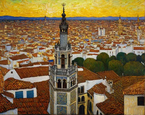 The Giralda Tower seen from the roofs of the Seville Cathedral,vincent van gough,lisbon,braque du bourbonnais,post impressionism,view of the city,lisboa,braque d'auvergne,toledo,duomo,saint michel,por