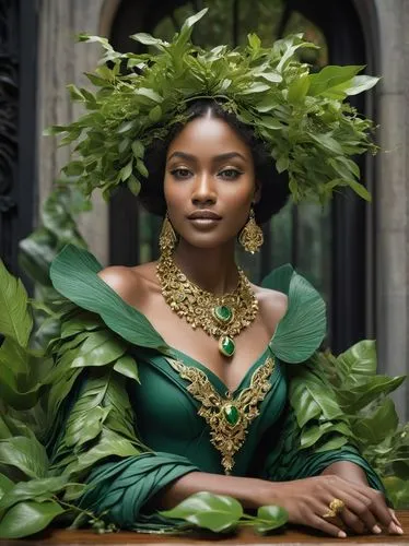 in the heart of a bustling city, a regal figure made of vibrant green leaves and gold accents lies seated on a small wooden table, surrounded by lush greenery. The woman's beady eyes gleam with a sens