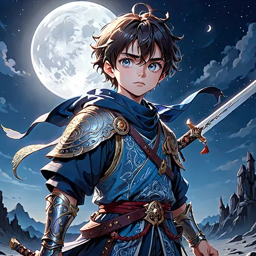 swordsman,anime cartoon,king sword,game illustration,moon and star background,blue moon,cg artwork,moonlit,knight,lunar,violinist violinist of the moon,knight star,anime japanese clothing,fantasy warrior,leo,lance,moonlight,moonlit night,heroic fantasy,archer,Anime,Anime,General