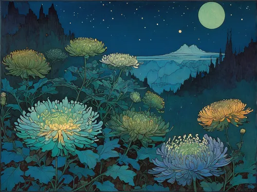 moonflower,starflower,moonlight cactus,vincent van gough,night scene,cosmos field,moonlit night,night-blooming cactus,blue daisies,night stars,blue chrysanthemum,clover meadow,chrysanthemum stars,beach moonflower,fireflies,carol colman,wildflowers,cosmos autumn,alpine meadow,flower painting,Illustration,Retro,Retro 17