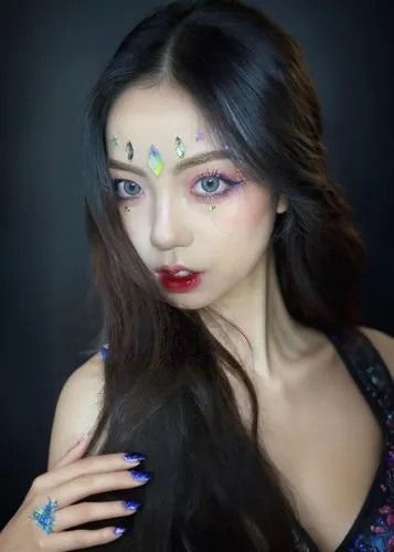 a woman is wearing makeup and with jewels on her face,neon makeup,asian woman,asian vision,face painting,bindis,eyes makeup