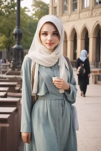 a woman wearing hijab, simple and elegant, smiling face, walking around,girl in a historic way,hijab,muslim woman,hijaber,islamic girl,babushka doll,girl in cloth,muslima,muslim background,jilbab,midd