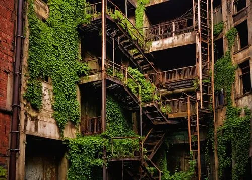 industrial ruin,overgrowth,abandoned factory,abandoned building,fire escape,abandoned places,abandoned place,overgrown,lost place,lofts,urban landscape,dilapidated building,derelict,gunkanjima,deindustrialization,dereliction,lostplace,industrialism,abandoned,brownfields,Art,Artistic Painting,Artistic Painting 30