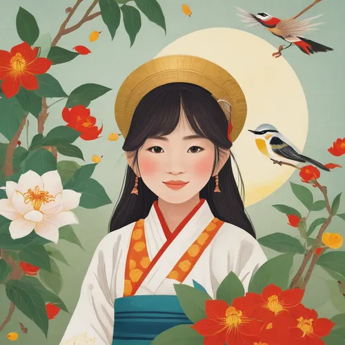 flower and bird illustration,geisha girl,plum blossoms,hanbok,geisha,plum blossom,oriental girl,jasmine blossom,oriental painting,oriental princess,mulan,spring festival,japanese woman,japanese floral background,jasmine flower,yunnan,ao dai,chinese art,jasmine,japanese art,Illustration,Japanese style,Japanese Style 17