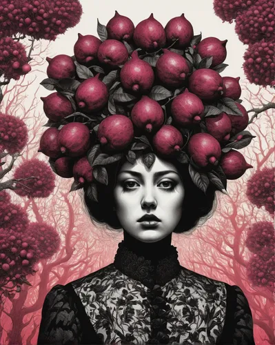 Create a horror story where someone starts hallucinating rose apples everywhere.,red magnolia,red plum,elderberry,lychees,black rose hip,red mulberry,red apples,viburnum,red-flowering horse chestnut,p