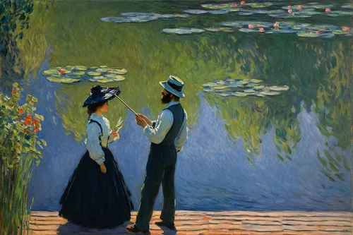 claude monet,young couple,romantic scene,promenade,courtship,post impressionist,post impressionism,romantic portrait,serenade,gondolier,oil painting,girl on the river,vincent van gough,oil painting on canvas,idyll,wedding couple,as a couple,engagement,art painting,orsay,Art,Artistic Painting,Artistic Painting 04