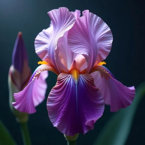 Macro Closeup of flesh Iris japonica, a masterpiece, hyperrealistic, Foto, 8k resolution, dynamic lighting, hyperdetailed, intricately detailed,  volumetric lighting,a purple flower with long leaves i