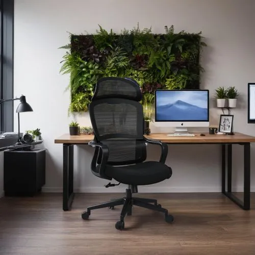 Create an ultra-realistic image of a serene and stylish office corner that embodies the perfect blend of modern design and eco-consciousness. The focal point is a stunning vertical garden wall, densel