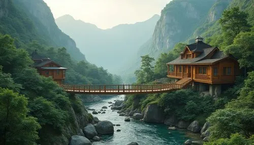 tigers nest,house in mountains,house in the mountains,asian architecture,wudang,tailandia,rivendell,shaoming,tree house hotel,mountain huts,south korea,halong,hanging houses,floating huts,landscapes beautiful,teahouse,wooden bridge,beautiful landscape,southeast asia,the cabin in the mountains,Photography,General,Realistic