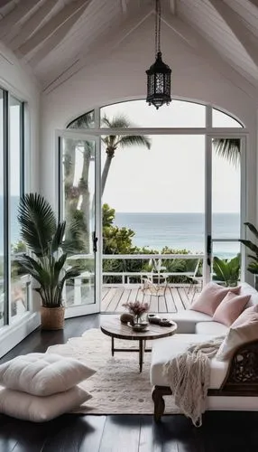 sunroom,beach house,oceanfront,beachhouse,mustique,beachfront,oceanview,ocean view,tropical house,beautiful home,porch swing,window with sea view,florida home,seaside view,luxury home interior,cabana,summer house,dreamhouse,verandah,front porch,Illustration,Realistic Fantasy,Realistic Fantasy 46