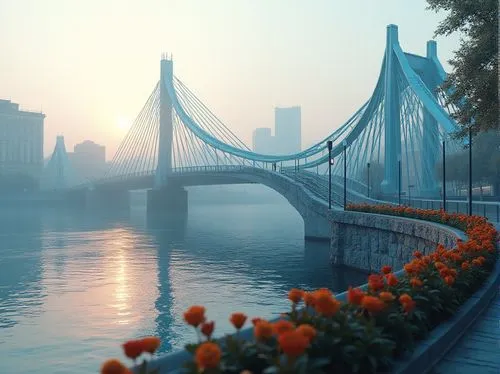 Periwinkle colored bridge, modern architectural design, sleek lines, gentle curves, river crossing, cityscape, urban atmosphere, misty morning, soft golden light, subtle reflections on water surface, 