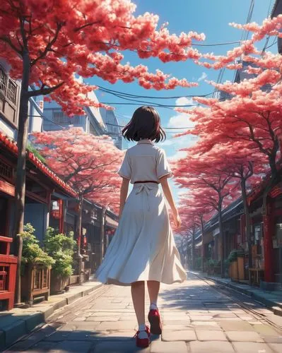 japanese sakura background,sakura background,hosoda,arrietty,sakura,walking in a spring,Illustration,Japanese style,Japanese Style 14