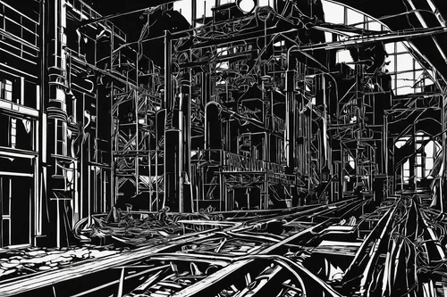 Write a dark and mysterious story set in an abandoned Metalsa factory.,abandoned factory,empty factory,industrial ruin,the boiler room,machinery,engine room,frame drawing,wireframe,empty interior,wire