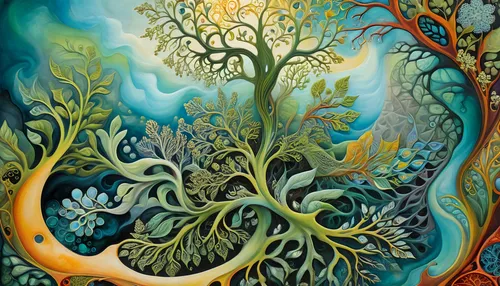 celtic tree,mother earth,flourishing tree,tree of life,colorful tree of life,the branches of the tree,plant and roots,mushroom landscape,tree and roots,tangle,tendrils,the branches,the roots of trees,magic tree,mother nature,orange tree,rooted,shamanism,pachamama,dryad,Illustration,Realistic Fantasy,Realistic Fantasy 40