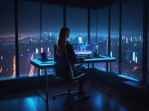 night administrator,girl at the computer,above the city,city lights,sky apartment,cyberpunk,blue room,city at night,cityscape,blur office background,neon human resources,computer room,citylights,modern office,skyscraper,blue hour,computer desk,evening city,the server room,desk,Photography,Documentary Photography,Documentary Photography 22