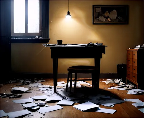 anterograde,writing desk,abandoned room,paperwork,manuscripts,torn paper,writer,desk,bureau,epilogues,compositing,typewriter,unoccupied,examination room,study room,writedowns,writeoffs,desks,crime scene,spilt coffee,Conceptual Art,Sci-Fi,Sci-Fi 25