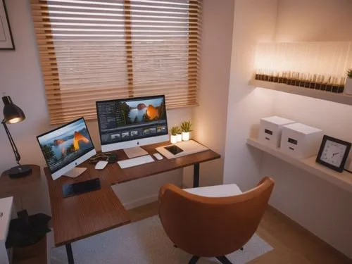 this desk has two monitors and a laptop on it,the living room of a photographer,modern room,working space,computer room,modern office,work space,Photography,General,Realistic