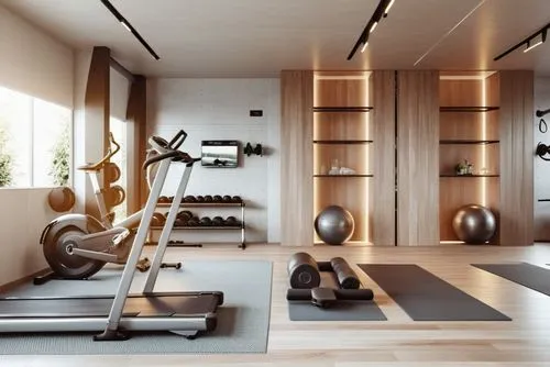 Modern style fitness center with emphasis on bright colors, light, and shadows. There is storage space for exercise equipment.,fitness room,fitness center,gymnastics room,fitness facility,interior mod