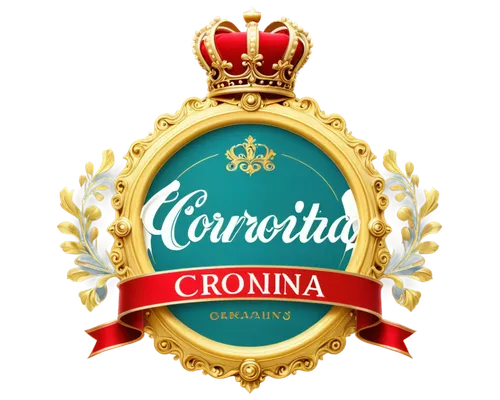 Coronita beer logo, golden crown, red ribbon, circular emblem, detailed textures, metallic shine, soft lighting, 3/4 composition, central placement, HD rendering, realistic style.,chronica,corunna,cro