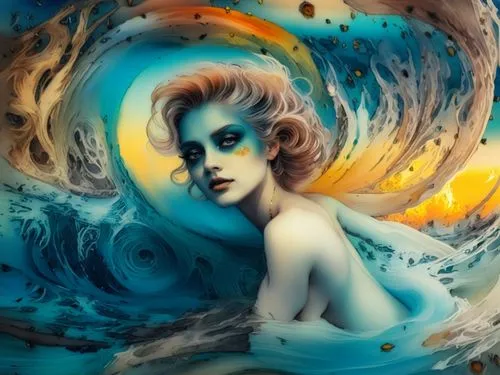 beautiful nude female 35 45 from brazil infront of the sea wave and amazing sunset flying bird above ,a painting of a woman sitting in the ocean,sirene,naiad,amphitrite,fathom,undine,siren,Illustratio