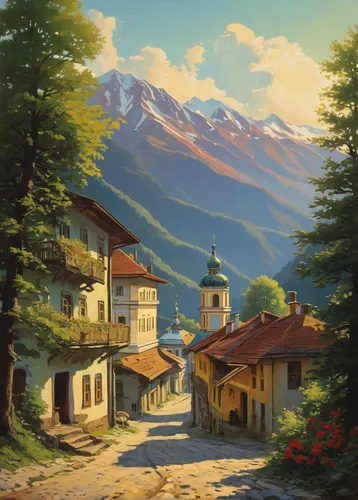 alpine village,mountain village,mountain settlement,alpine region,mountain scene,carpathians,mountain landscape,landscape background,tyrol,mountain huts,mountainous landscape,home landscape,alps,zermatt,the alps,mountain valley,transilvania,high alps,südtirol,house in mountains,Art,Classical Oil Painting,Classical Oil Painting 38