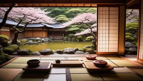 japanese-style room,ryokan,tea ceremony,ryokans,japanese zen garden,japanese tea,dojo,tatami,kaiseki,zen garden,teahouse,japanese restaurant,kyoto,chanoyu,japan garden,japanese sakura background,tea zen,sakura background,onsen,japanese art,Illustration,Paper based,Paper Based 14