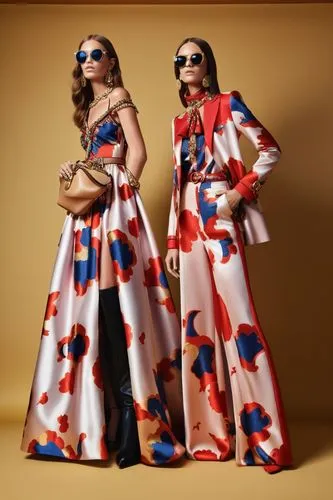 Fashion show ,two women in long dresses with blue sunglasses,caftans,dvf,marni,marimekko,kimonos,aterciopelados,Photography,General,Realistic