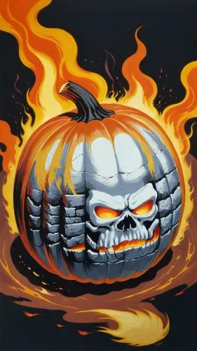 punkin skull, black background, fire eyes, angry, open mouth, scream, bones, fire eyes , fire hair, smok clothe,an artistic painting of a flaming jack o lantern with a skull on top,garrison,calabaza,h