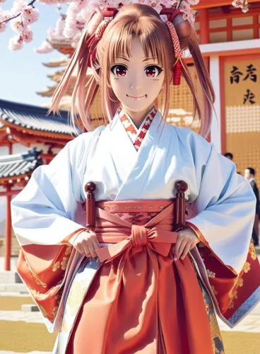 idol, cosplay, girl, japanese clothes, solo, twintails, hands on hips, miko, hair ribbon,  hakama, pink hair, smile, brown hair, looking at viewer, red hakama, ,an anime girl with long hair standing n