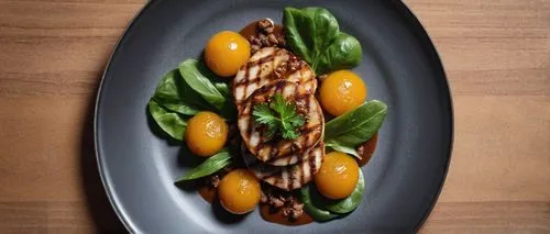 culinary food, finedining, profetional food photography, good atmosfier, minimal, lowkey light





,food on a black plate with oranges and green leaves,caprese salad,insalata caprese,bottarga,goose l