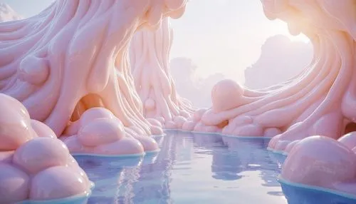 Iridescent blob-like structures, translucent membranes, gelatinous surfaces, soft pastel colors, undulating shapes, organic forms, wispy tendrils, ethereal atmosphere, misty ambiance, warm soft lighti