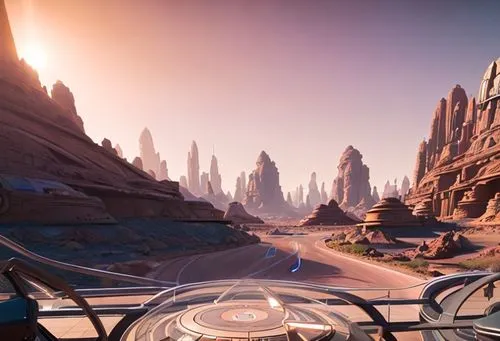 martian surface, futuristic houses and streets in glass tunnels, dust sky, a hill at horizon,desert planet,futuristic landscape,valerian,petra,mesa,alien world,radiator springs racers,moon valley,hori