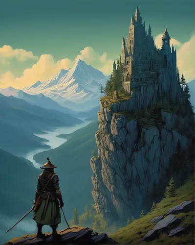 summit castle,heroic fantasy,knight's castle,fantasy picture,fantasy landscape,the wanderer,castleguard,castel,northrend,mountain settlement,world digital painting,ruined castle,castles,fantasy art,castle of the corvin,castle bran,adventurer,fjord,mountain world,wanderer,Illustration,Realistic Fantasy,Realistic Fantasy 05