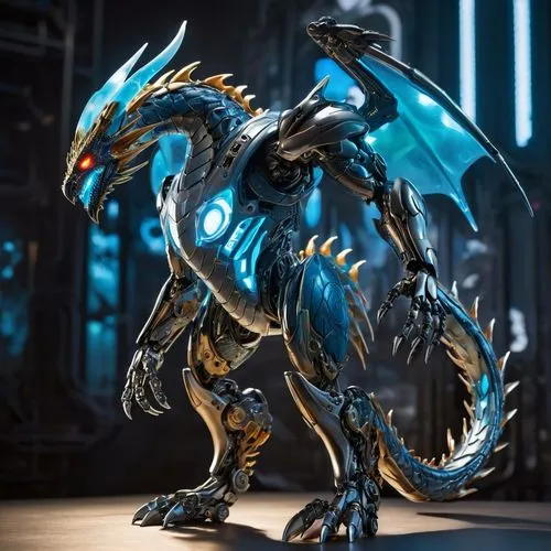 A futuristic bionic character resembling a humanoid dragon, standing on two feet. The character has a sleek, metallic body with dragon-like features, including scaled armor plating, claws, and a tail.